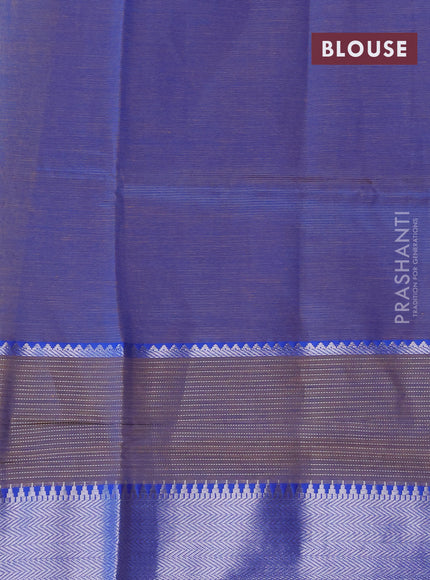 Semi mangalgiri silk saree sandal and blue with plain body and long silver zari woven border