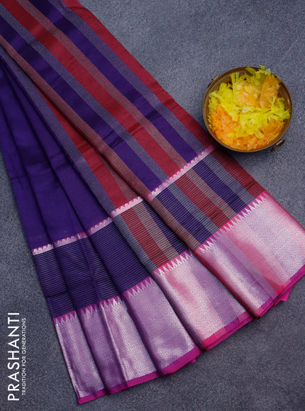 Semi mangalgiri silk saree deep violet and pink with plain body and long silver zari woven border