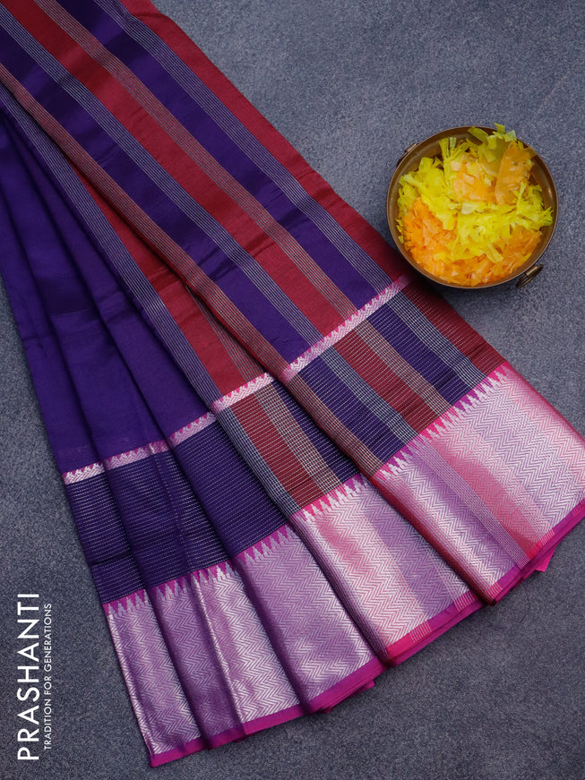 Semi mangalgiri silk saree deep violet and pink with plain body and long silver zari woven border