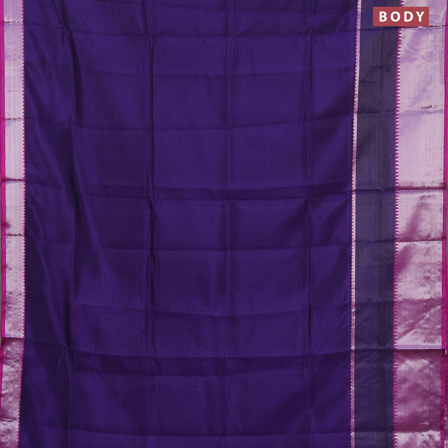 Semi mangalgiri silk saree deep violet and pink with plain body and long silver zari woven border