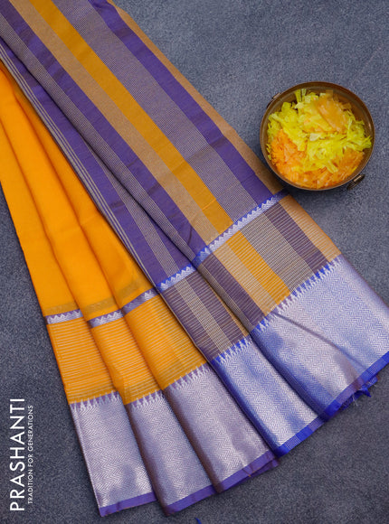 Semi mangalgiri silk saree orange and blue with plain body and long silver zari woven border