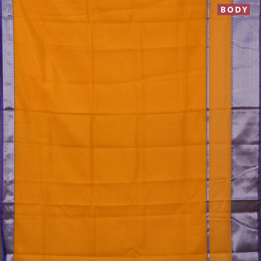 Semi mangalgiri silk saree orange and blue with plain body and long silver zari woven border