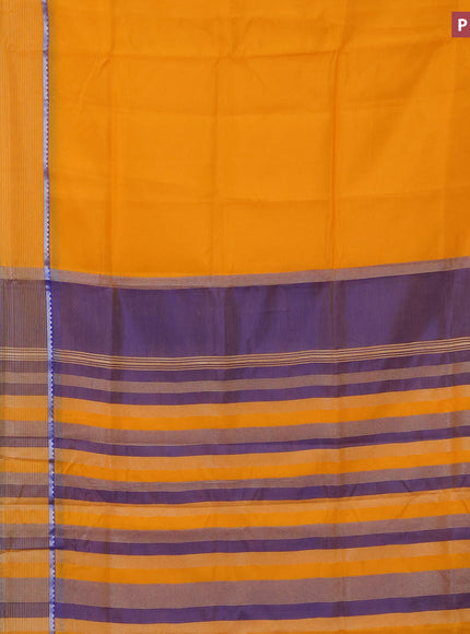 Semi mangalgiri silk saree orange and blue with plain body and long silver zari woven border