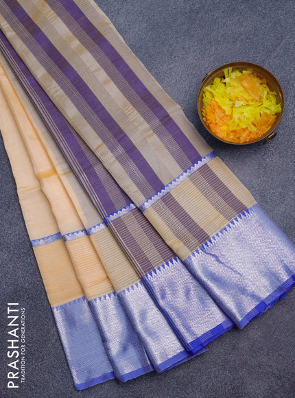 Semi mangalgiri silk saree pale orange and blue with plain body and long silver zari woven border