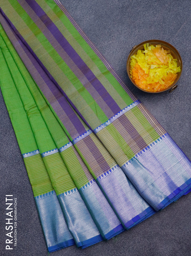 Semi mangalgiri silk saree light green and blue with plain body and long silver zari woven border