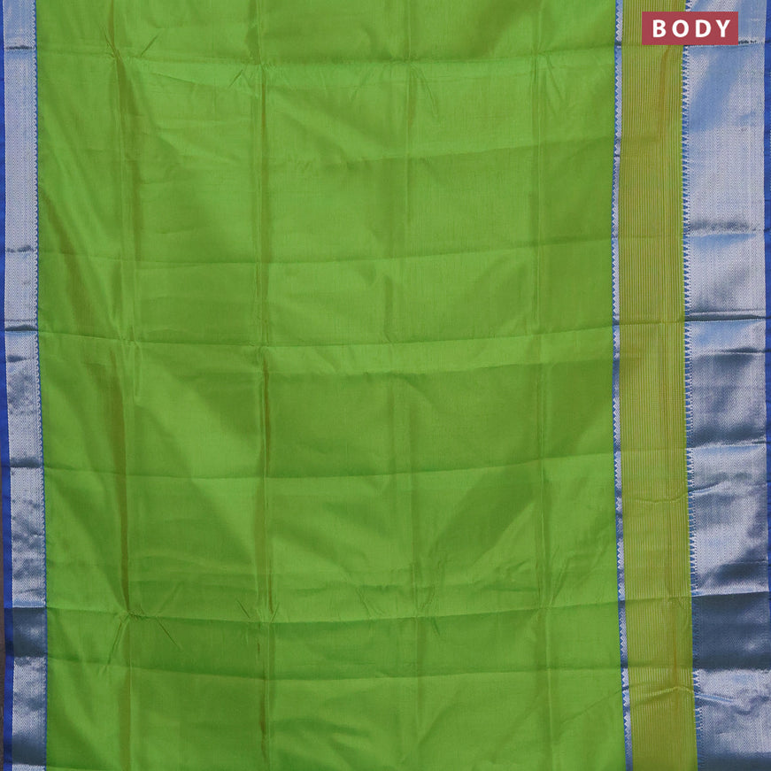 Semi mangalgiri silk saree light green and blue with plain body and long silver zari woven border