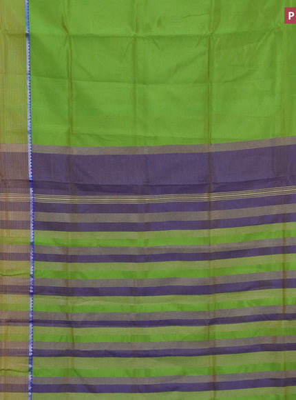 Semi mangalgiri silk saree light green and blue with plain body and long silver zari woven border