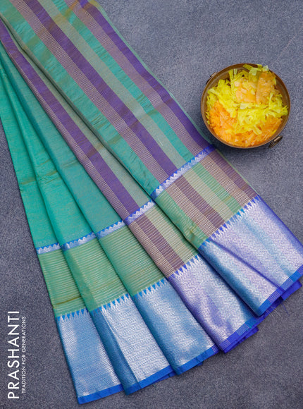 Semi mangalgiri silk saree teal green and blue with plain body and long silver zari woven border