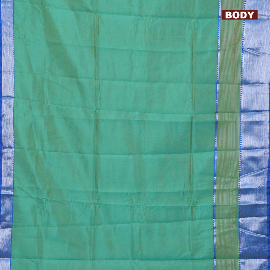 Semi mangalgiri silk saree teal green and blue with plain body and long silver zari woven border