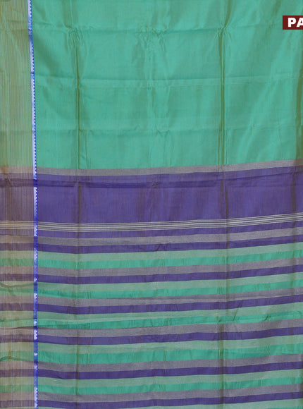 Semi mangalgiri silk saree teal green and blue with plain body and long silver zari woven border