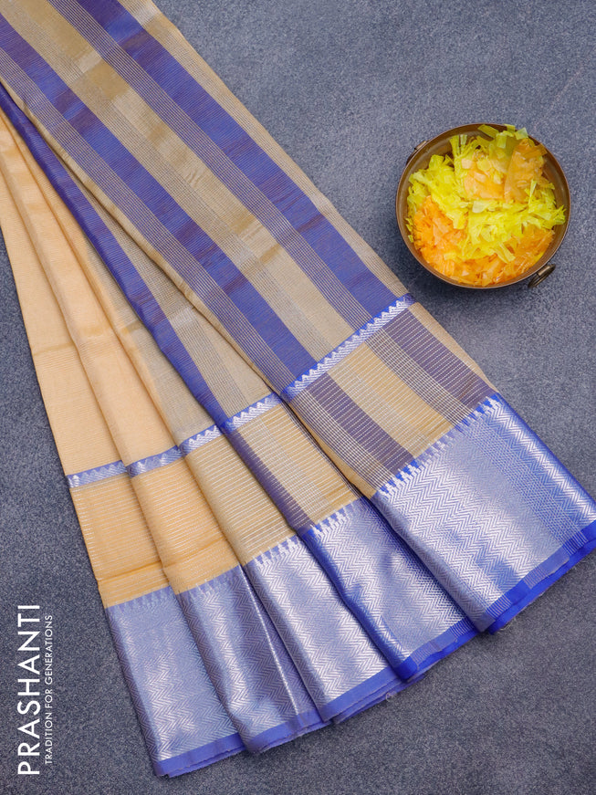 Semi mangalgiri silk saree pale orange and blue with plain body and long silver zari woven border