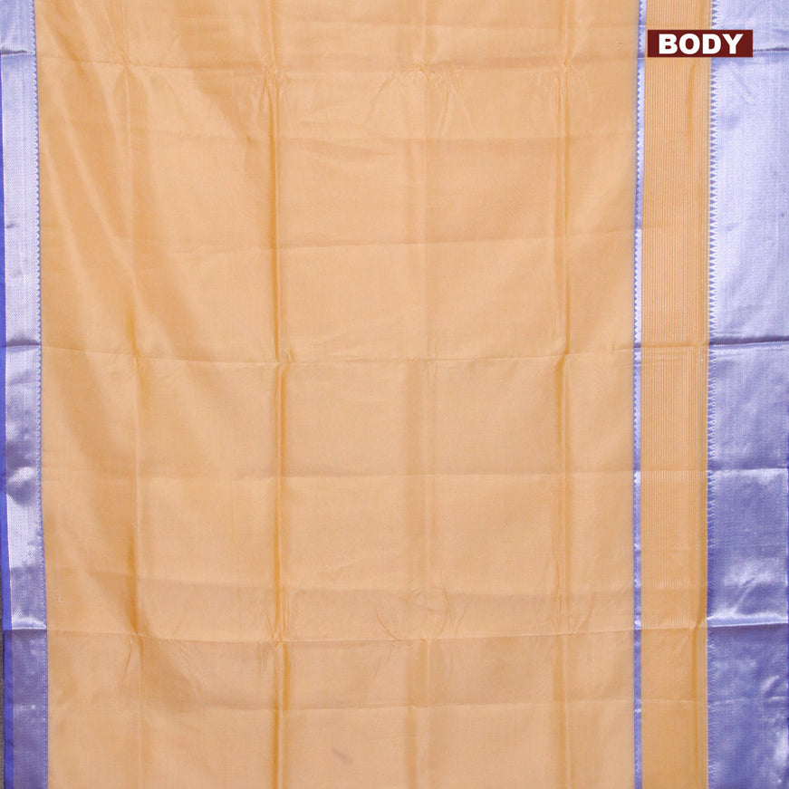 Semi mangalgiri silk saree pale orange and blue with plain body and long silver zari woven border