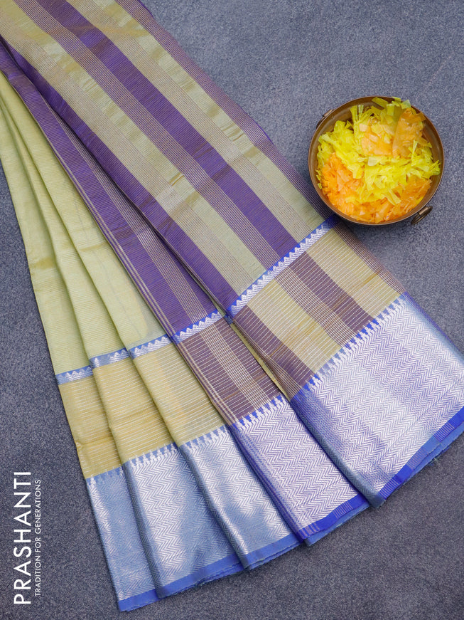 Semi mangalgiri silk saree dual shade of pista greenish yellow and dual shade of blue with plain body and long silver zari woven border