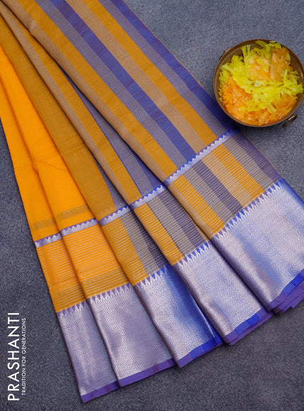 Semi mangalgiri silk saree orange and blue with plain body and long silver zari woven border