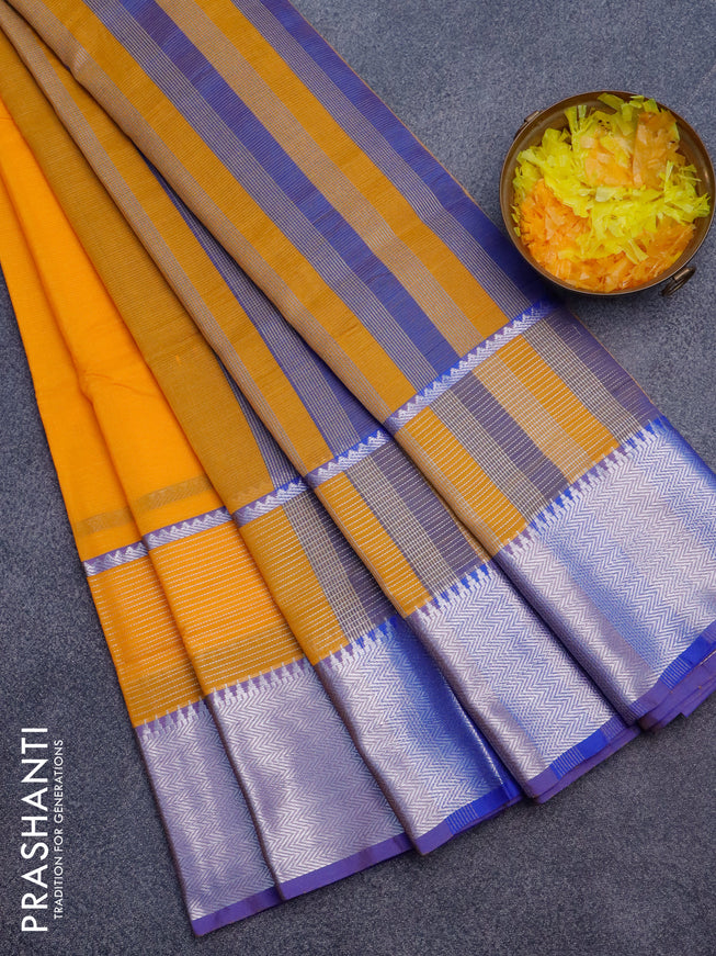 Semi mangalgiri silk saree orange and blue with plain body and long silver zari woven border