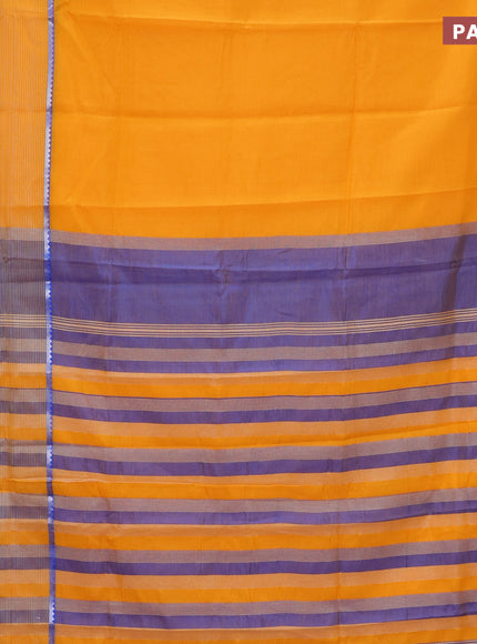 Semi mangalgiri silk saree orange and blue with plain body and long silver zari woven border