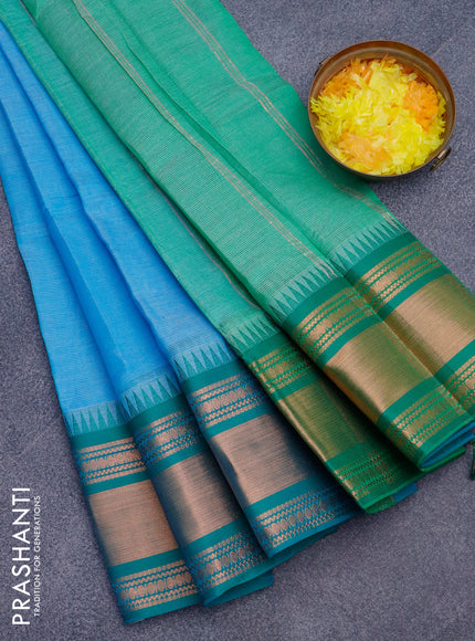 Semi mangalgiri silk saree cs blue and green with plain body and temple design copper zari woven border