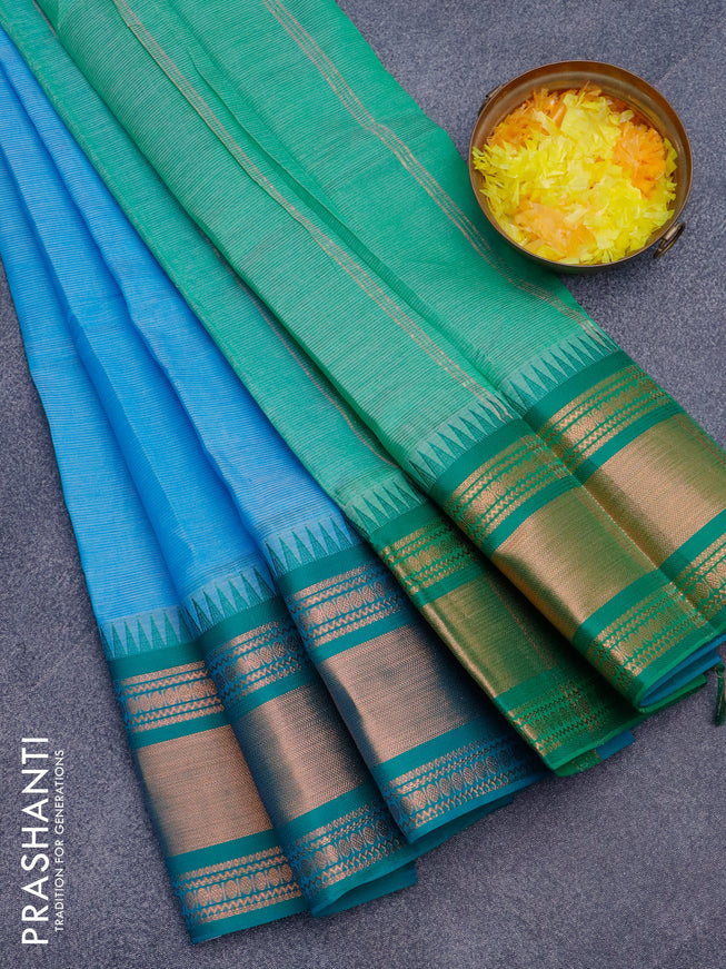 Semi mangalgiri silk saree cs blue and green with plain body and temple design copper zari woven border