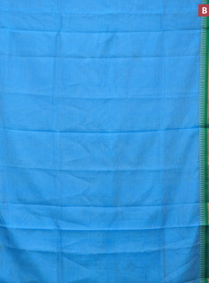 Semi mangalgiri silk saree cs blue and green with plain body and temple design copper zari woven border