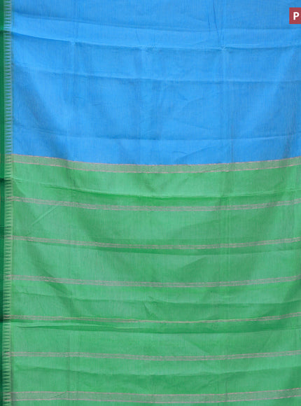 Semi mangalgiri silk saree cs blue and green with plain body and temple design copper zari woven border