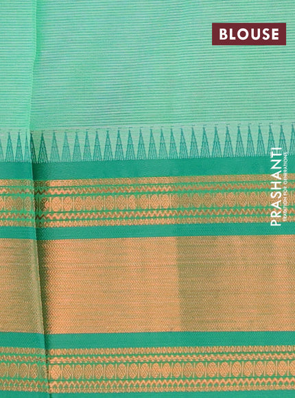 Semi mangalgiri silk saree cs blue and green with plain body and temple design copper zari woven border