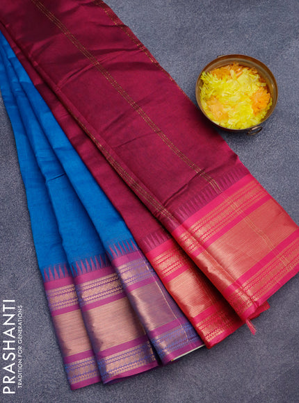 Semi mangalgiri silk saree cs blue and dark pink with plain body and temple design copper zari woven border