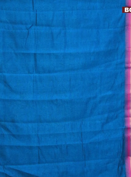 Semi mangalgiri silk saree cs blue and dark pink with plain body and temple design copper zari woven border