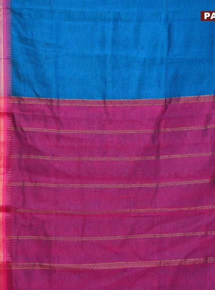 Semi mangalgiri silk saree cs blue and dark pink with plain body and temple design copper zari woven border