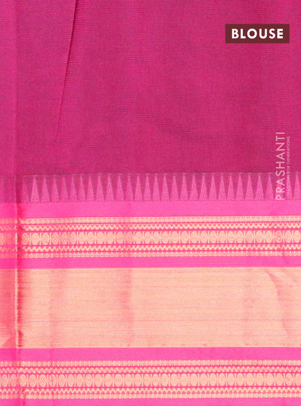 Semi mangalgiri silk saree cs blue and dark pink with plain body and temple design copper zari woven border