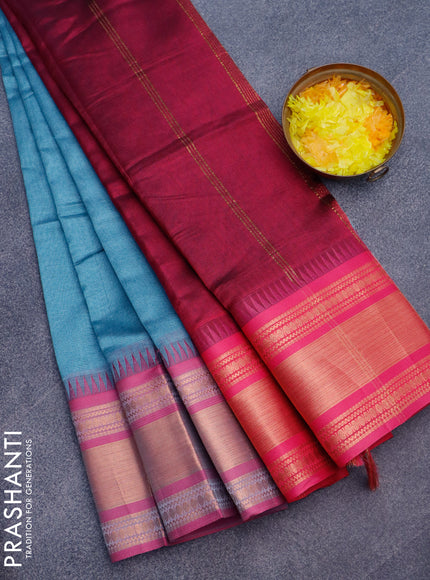 Semi mangalgiri silk saree pastel blue and dark pink with plain body and temple design copper zari woven border