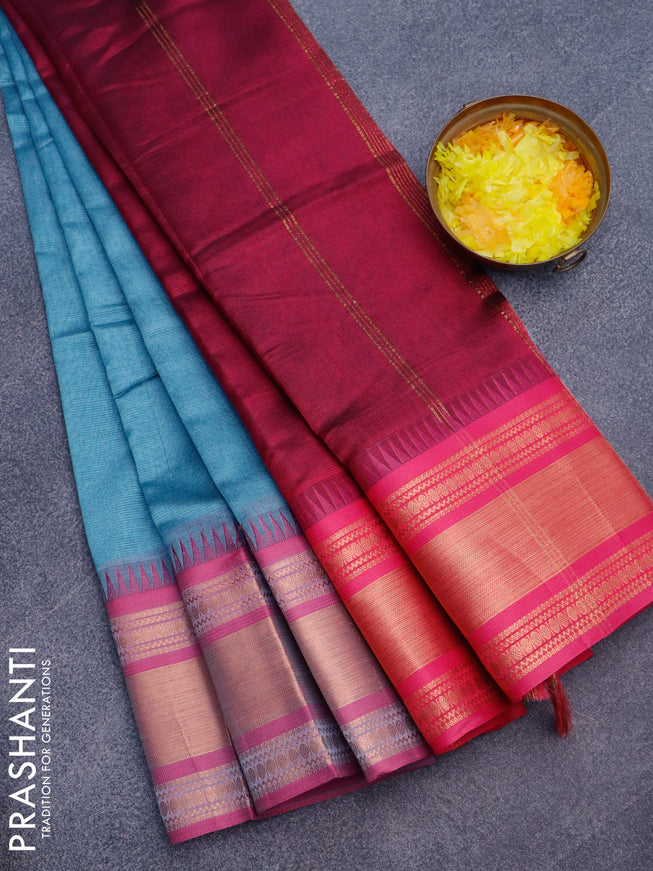 Semi mangalgiri silk saree pastel blue and dark pink with plain body and temple design copper zari woven border