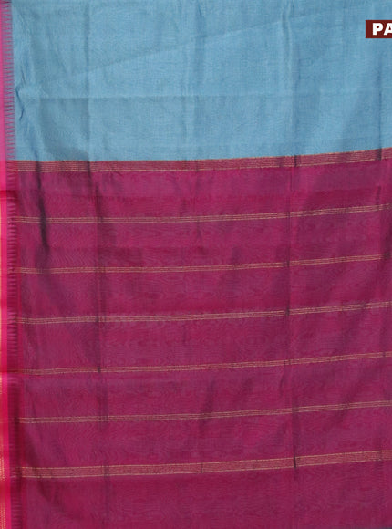 Semi mangalgiri silk saree pastel blue and dark pink with plain body and temple design copper zari woven border