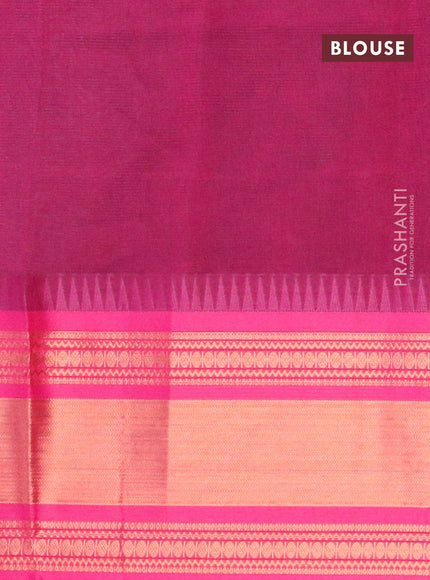 Semi mangalgiri silk saree pastel blue and dark pink with plain body and temple design copper zari woven border