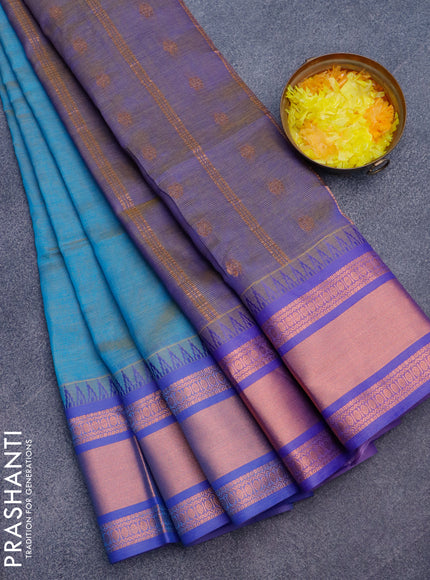 Semi mangalgiri silk saree dual shade of cs blue and dual shade of blue with plain body and temple design copper zari woven border