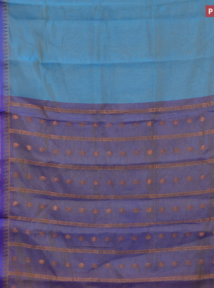 Semi mangalgiri silk saree dual shade of cs blue and dual shade of blue with plain body and temple design copper zari woven border