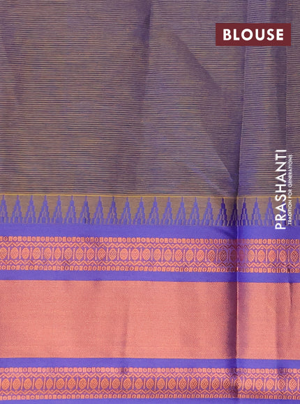 Semi mangalgiri silk saree dual shade of cs blue and dual shade of blue with plain body and temple design copper zari woven border