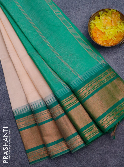 Semi mangalgiri silk saree mild peach and green with plain body and temple design copper zari woven border