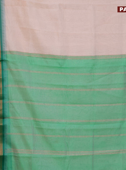 Semi mangalgiri silk saree mild peach and green with plain body and temple design copper zari woven border