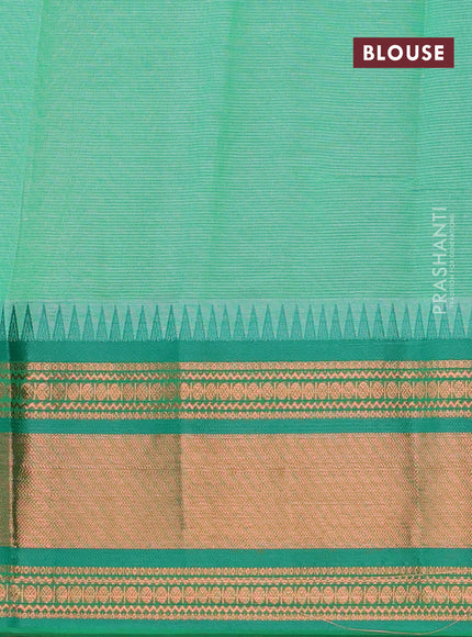 Semi mangalgiri silk saree mild peach and green with plain body and temple design copper zari woven border