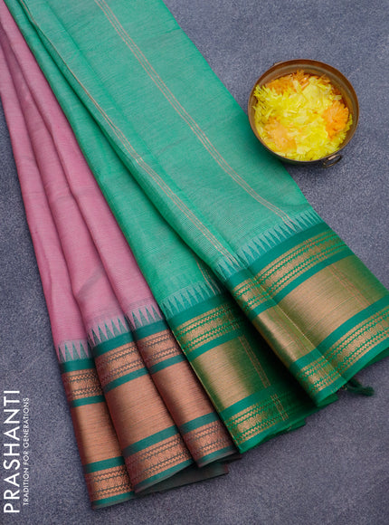 Semi mangalgiri silk saree pink and green shade with plain body and temple design zari woven border