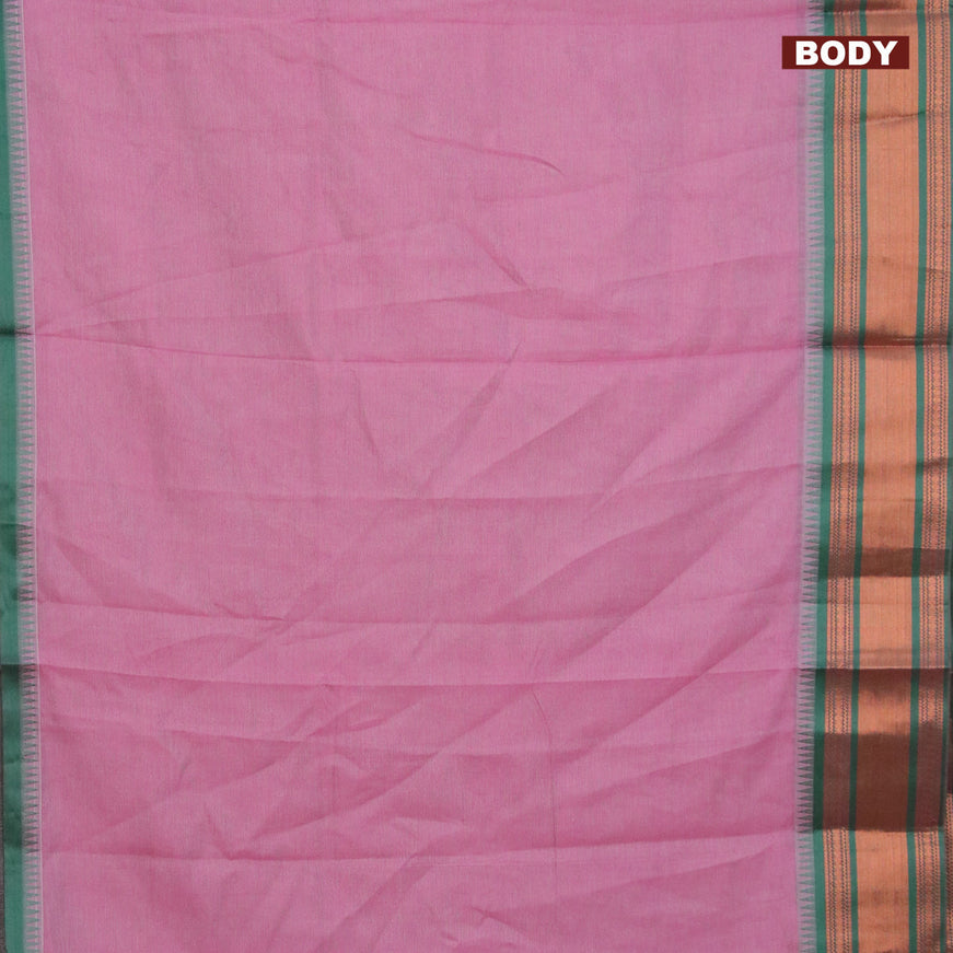 Semi mangalgiri silk saree pink and green shade with plain body and temple design zari woven border