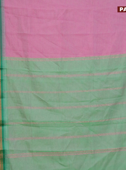 Semi mangalgiri silk saree pink and green shade with plain body and temple design zari woven border