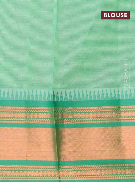 Semi mangalgiri silk saree pink and green shade with plain body and temple design zari woven border