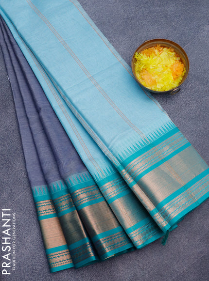 Semi mangalgiri silk saree dark blue shade and pastel blue with plain body and temple design zari woven border