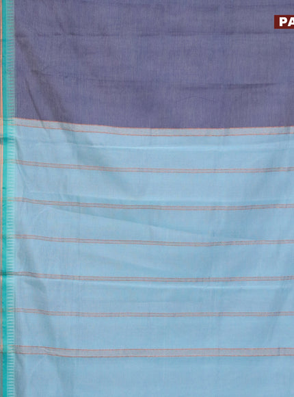 Semi mangalgiri silk saree dark blue shade and pastel blue with plain body and temple design zari woven border