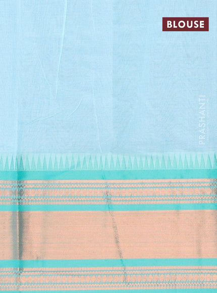 Semi mangalgiri silk saree dark blue shade and pastel blue with plain body and temple design zari woven border