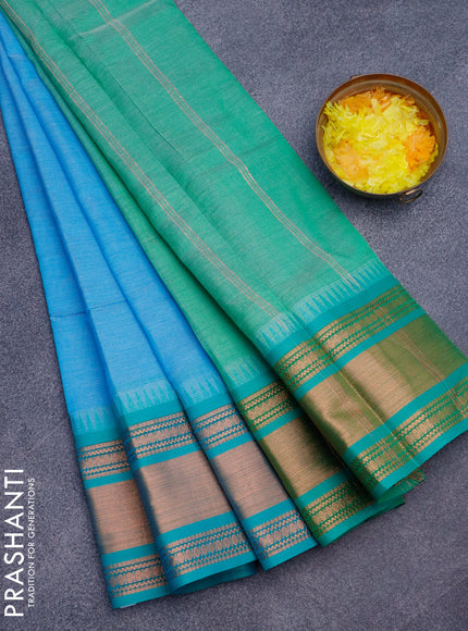 Semi mangalgiri silk saree light blue and green shade with plain body and temple design copper zari woven border