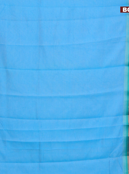 Semi mangalgiri silk saree light blue and green shade with plain body and temple design copper zari woven border