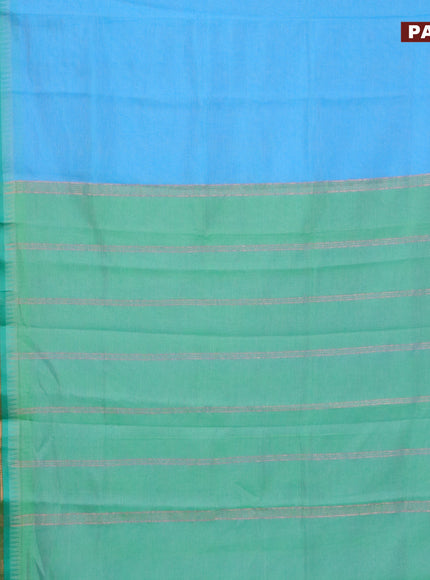 Semi mangalgiri silk saree light blue and green shade with plain body and temple design copper zari woven border