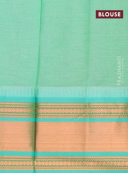 Semi mangalgiri silk saree light blue and green shade with plain body and temple design copper zari woven border